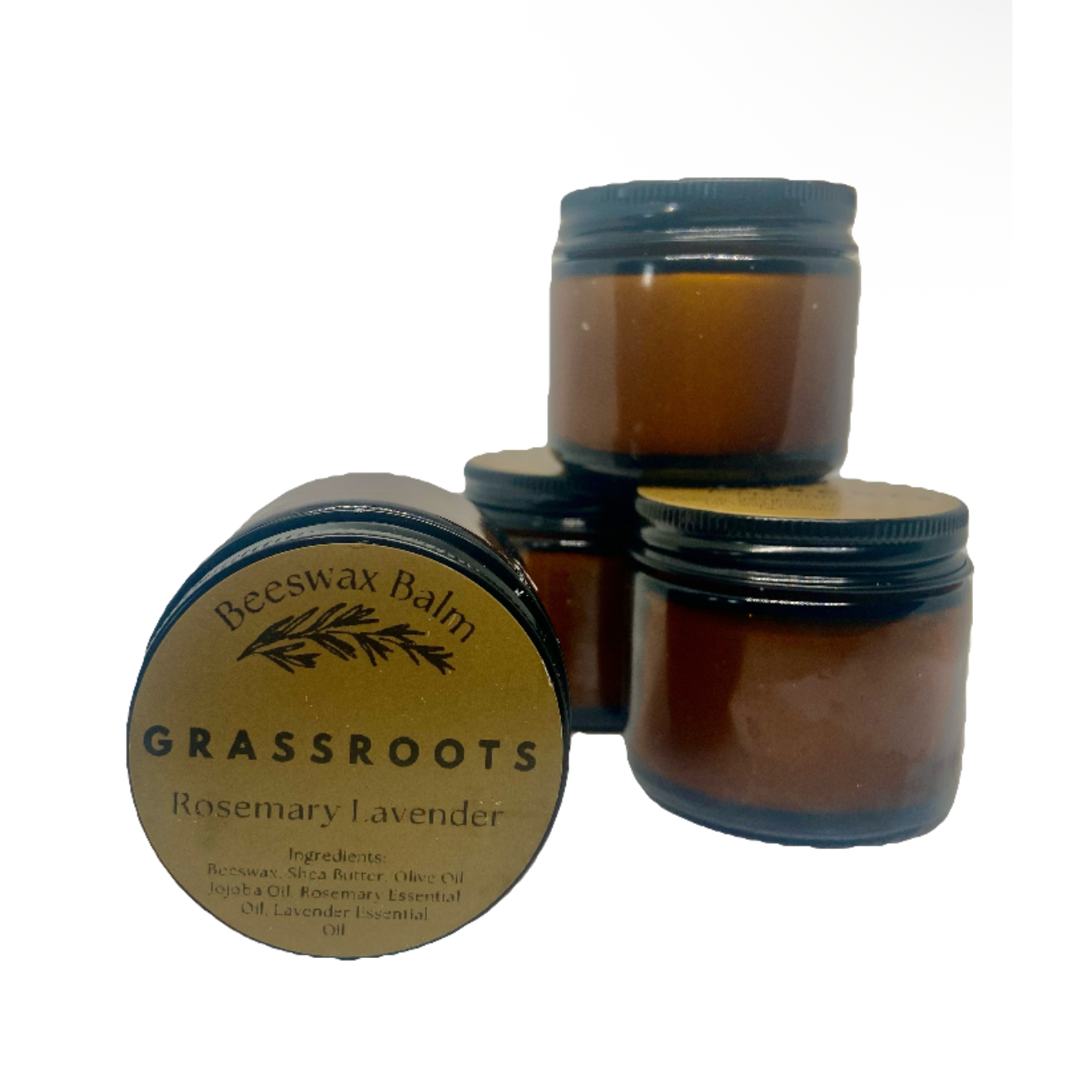 Three jars of 'Grassroots' beeswax balm on a white background